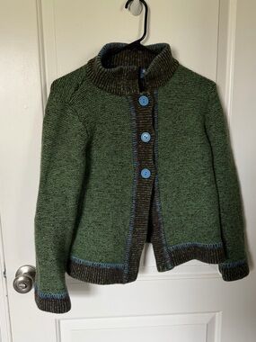 Nua Ireland Merino Wool & Silk Knit Cardigan Green Marled Blue Stitching Medium